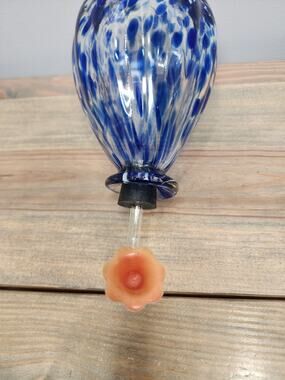 Hand Blown Glass Hummingbird Feeder Blue White Art Glass Round Feeder